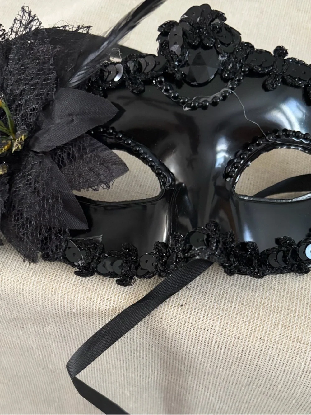 Three Black Lace & Sequin Venetian Masquerade Mask Set